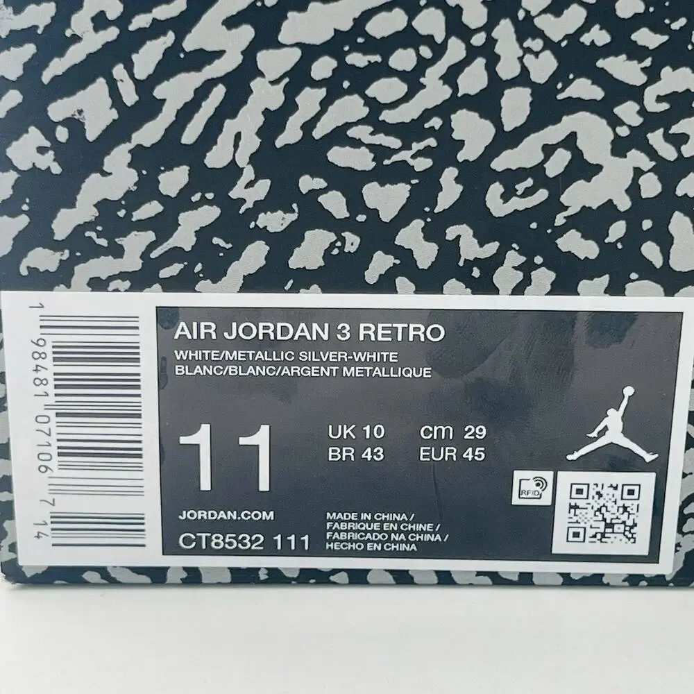 Nike Air Jordan 3 Retro White Silver Sneakers CT8532 111 Men Size 11 NEW